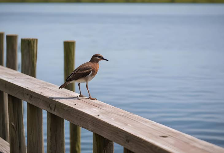 Bird on Wooden Railing with Scenic View of Lake Jesup