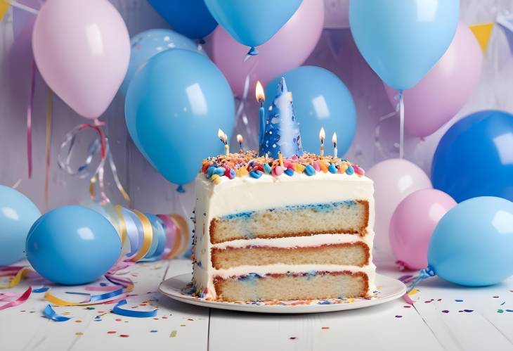 Birthday Cake Slice with Candle, Hat, and Balloons