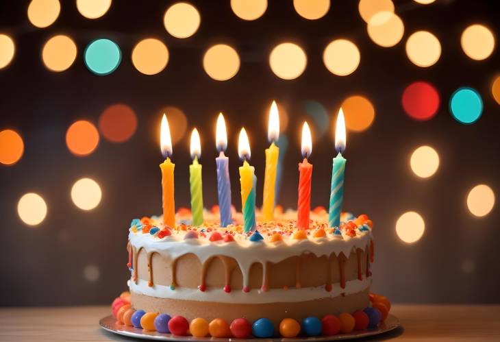 Birthday Cake with Candles Against Bokeh Background