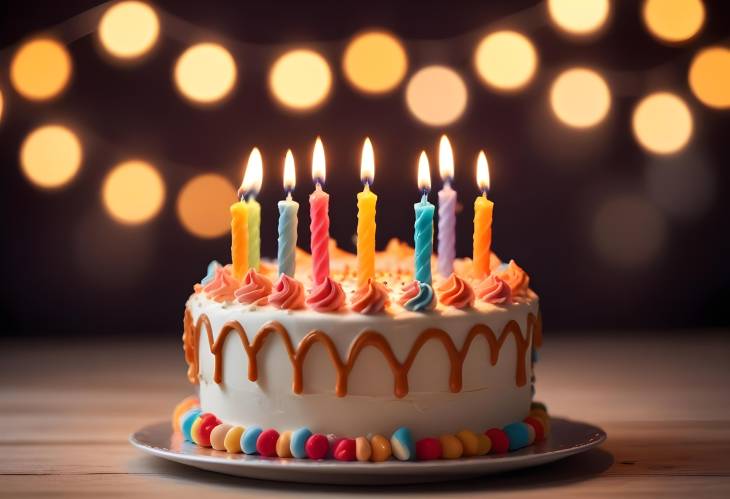 Birthday Cake with Candles and Bright Lights Bokeh