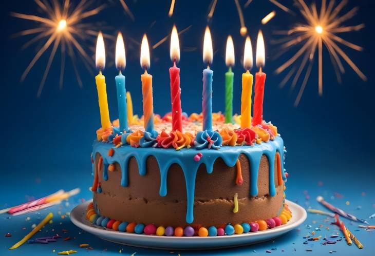 Birthday Cake with Colorful Candles and Blue Backdrop