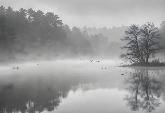 Black and White Fine Art Landscape with Birds in Misty Waters