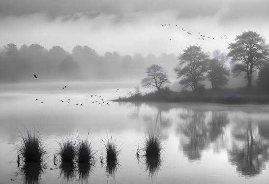 Black and White Misty Lake with Birds in Fine Art Photography