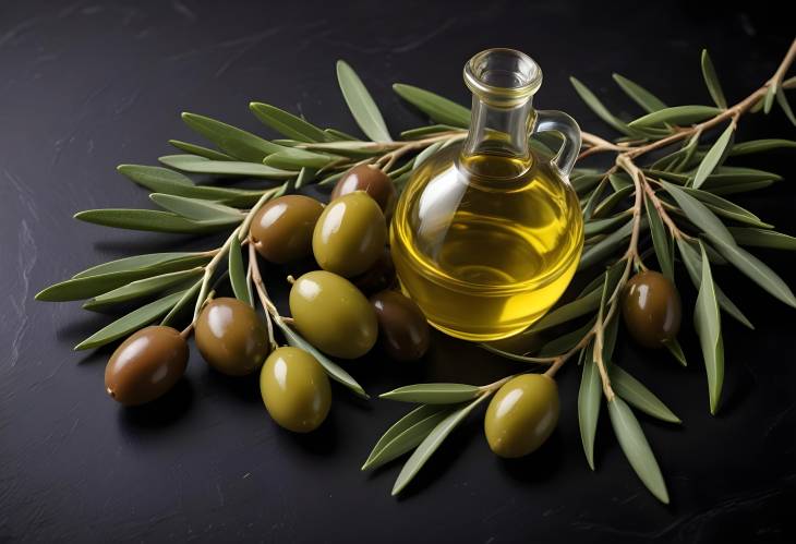 Black Background Featuring Olives, Olive Oil, and Olive Branch