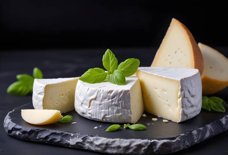 Black Background with Delicious Brie Cheese and Camembert Slice