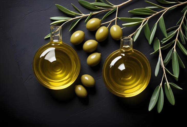 Black Background with Olives, Olive Oil, and Olive Branch Arrangement