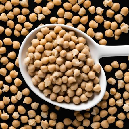 Black Background with White Ceramic Spoon Full of Chickpeas Detailed Close Up Food Image