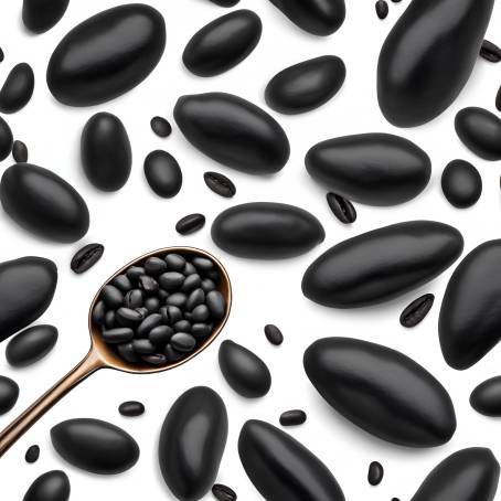 Black Beans in White Ceramic Spoon with Black Background Close Up Food Photography