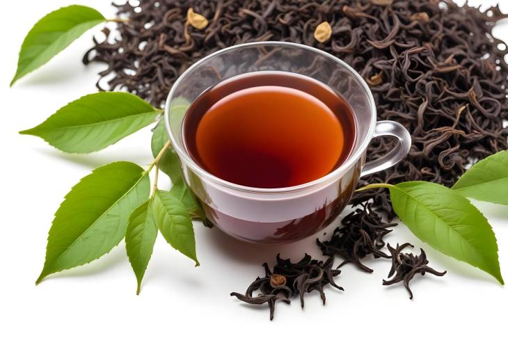 Black Tea with Fresh Leaf  Isolated on White for Clean and Simple Beverage Photography