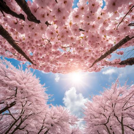 Blooming Cherry Blossoms Under Bright Cloudy Sky Stretch Ceiling Design Inspiration