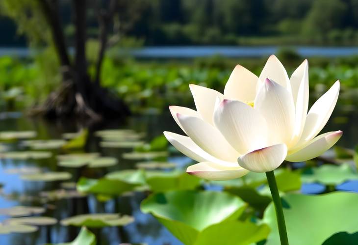 Blooming White Lotus in a Calm Lake