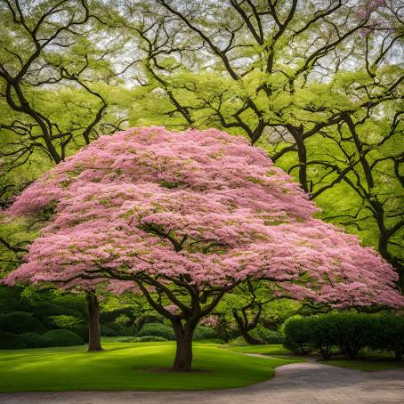 Blossoming Japanese Dogwood Pink Flowers Enhance a Spring Park Landscape