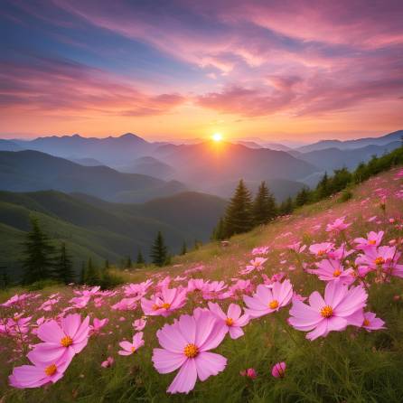 Blossoming Pink Cosmos Flowers with Majestic Mountain Views at Sunset