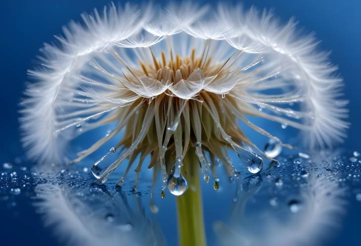 Blue Background with Dandelion Dew Drops and Reflection