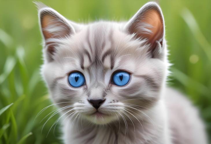 Blue Eyed Grey Kitten Exploring the Grass A Close Up Portrait