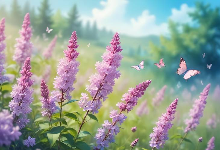 Blue Sky and Pink Lilac Flowers with Butterflies in Spring Meadow