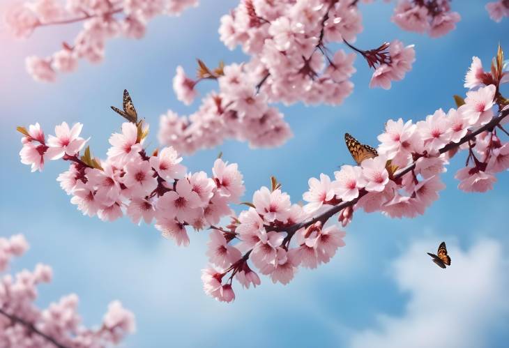 Blue Sky with Cherry Blossom Branches and Spring Butterflies