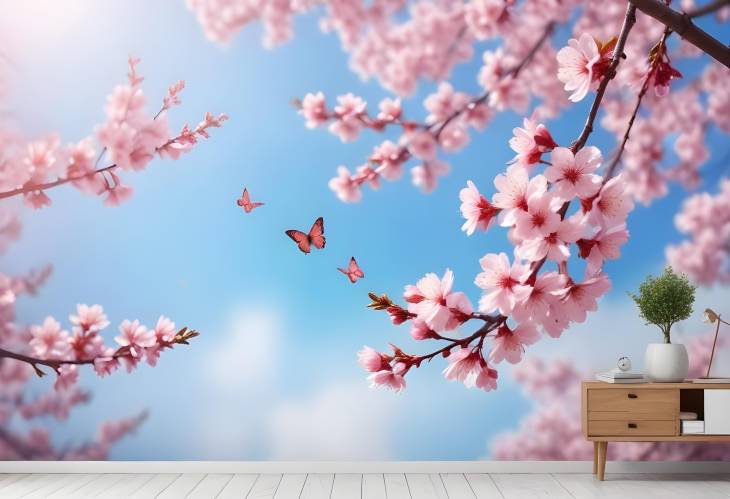 Blue Sky with Cherry Blossoms and Spring Butterflies