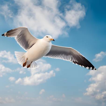 Blue Sky with Seagull in Flight  Bottom Up Perspective of a Seagull Soaring High