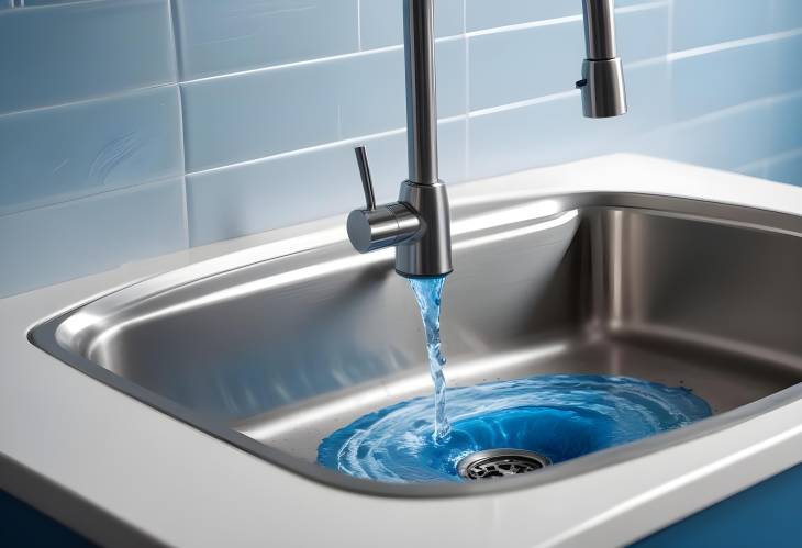 Blue Toned Water Flowing into Stainless Steel Sink Close Up of Plug Hole