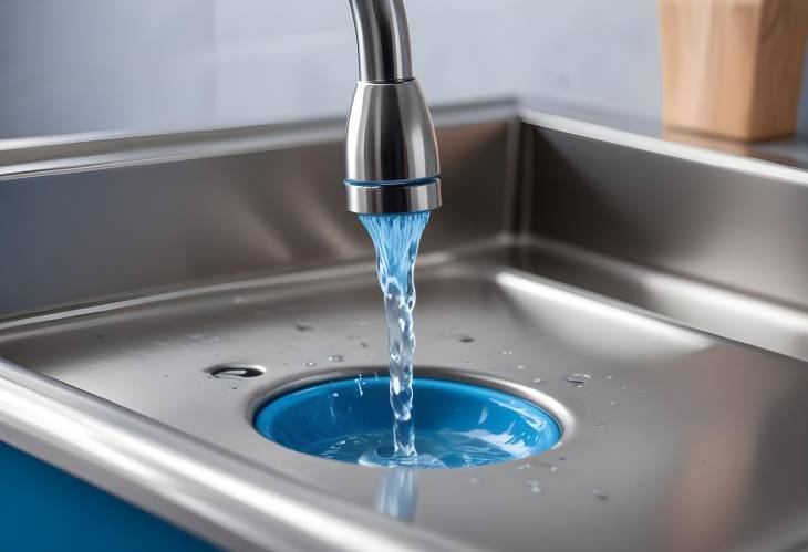 Blue Tones and Clean Water Flowing into Stainless Steel Sink with Close Up of Plug Hole