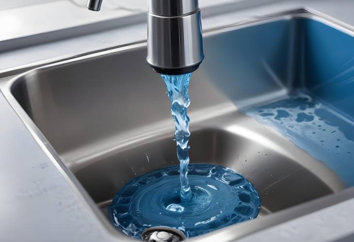 Blue Tones and Clean Water Flowing into Stainless Steel Sink with Close Up of Plug Hole