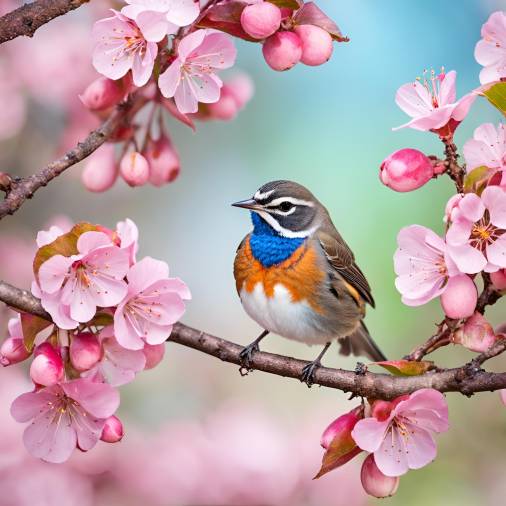 Bluethroat Bird on Pink Apple Tree Branch in Spring Garden Bloom