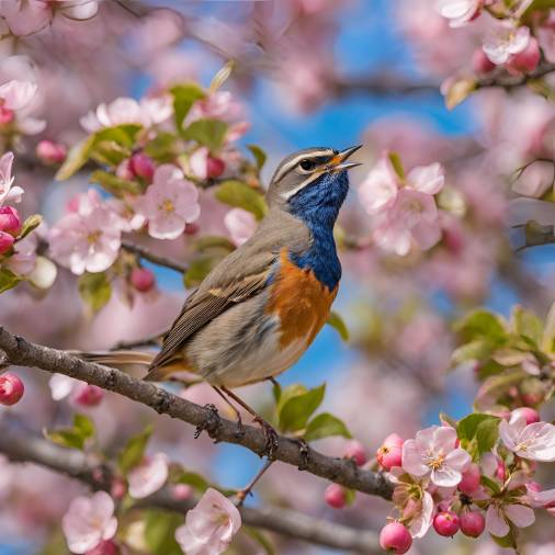 Bluethroat Bird on Pink Apple Tree Branch Singing in Blooming Spring Garden