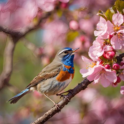 Bluethroat Bird on Pink Apple Tree Branch Singing in Spring Blooming Garden