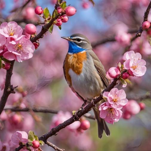 Bluethroat Bird Perched on Pink Apple Tree Branch, Singing in Spring Blooming Garden