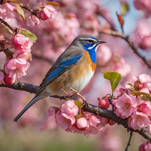 Bluethroat Bird Singing on Branch of Pink Apple Tree in Lush Spring Garden