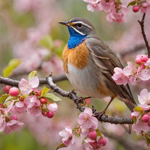 Bluethroat Bird Singing on Pink Apple Tree Branch in Blooming Spring Garden