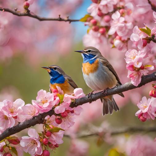 Bluethroat Bird Singing on Pink Apple Tree Branch, Spring Garden in Full Bloom