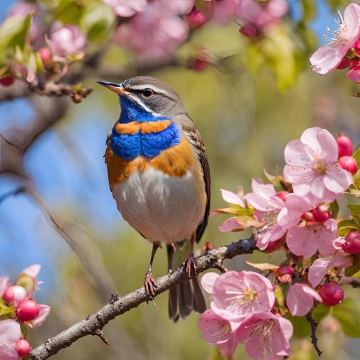 Bluethroat Bird Sings on Pink Apple Tree Branch in Spring Garden