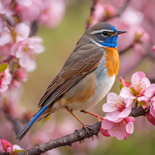 Bluethroat Singing on Pink Apple Tree Branch, Spring Garden Full of Blooms