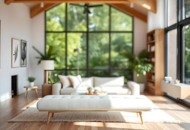 Blurred Light Living Room with Sofa and Soft Bench A Serene Interior Space