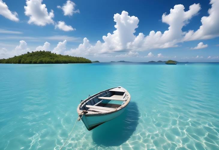 Boat in Turquoise Ocean Water Against Blue Sky with White Clouds and Tropical Island