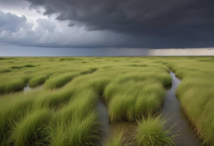 Bodden and Grasslands Amidst a Storm Mnchgut Nature Reserve, Rgen, Germany