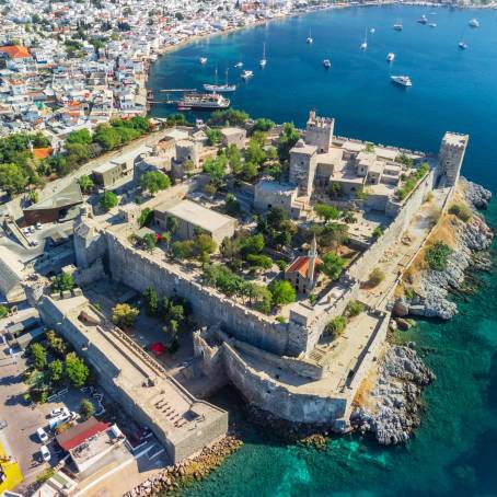 Bodrum Marina and Castle Aerial View on Turkish Coastline