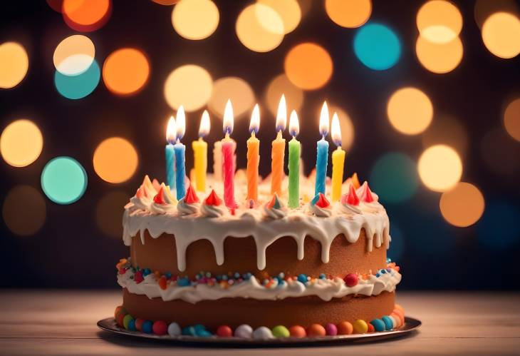 Bokeh Lights and Birthday Cake with Candles