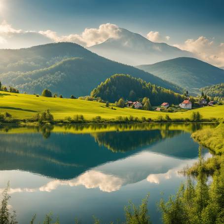 Bosnia and Herzegovina Countryside  Mount Lebrsnik with Grassy Fields and Lake