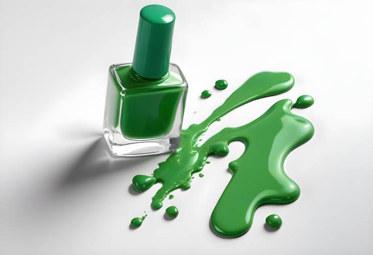 Bottle of Green Nail Polish with a Splash on White Background