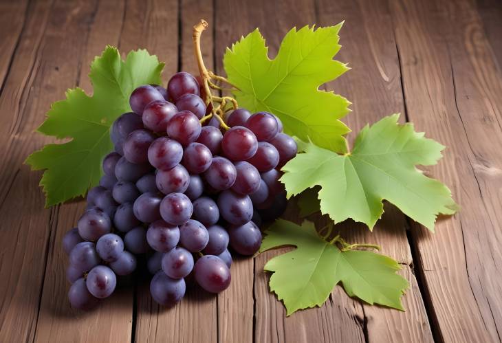 Bountiful Grapes and Leaves on a Rustic Wood Surface