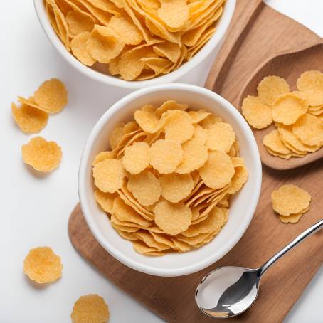 Bowl and Spoon with Corn Flakes, Isolated on White Background, Fresh and Crunchy Breakfast Cereal