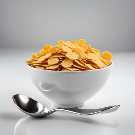 Bowl of Corn Flakes with Spoon Isolated Fresh Cereal on White Background, Crunchy and Healthy