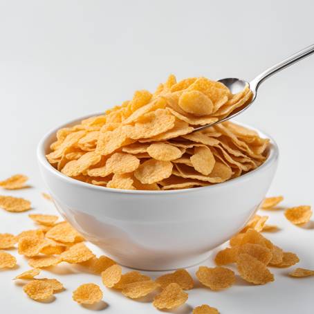 Bowl of Corn Flakes with Spoon, Isolated on White Background, Fresh Breakfast Cereal, Crunchy Deligh