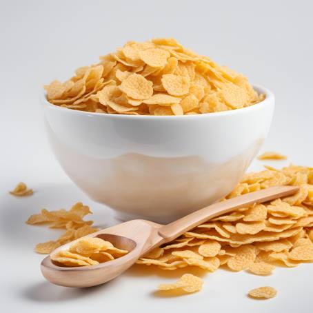 Bowl of Corn Flakes with Spoon on White Background, Isolated Breakfast Cereal, Fresh and Crunchy