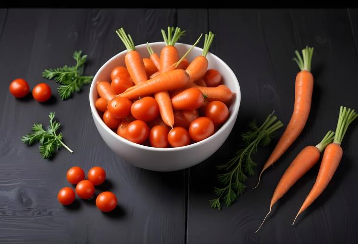 Bowl of Fresh Carrots and Tomatoes on Black Wooden Background A Healthy Displa