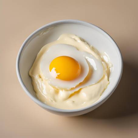 Bowl of Mayonnaise with Broken Egg on a Counter Ready for Homemade Recipe