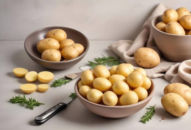 Bowl of Raw Potatoes and Knife on Light Background Ready for Preparation